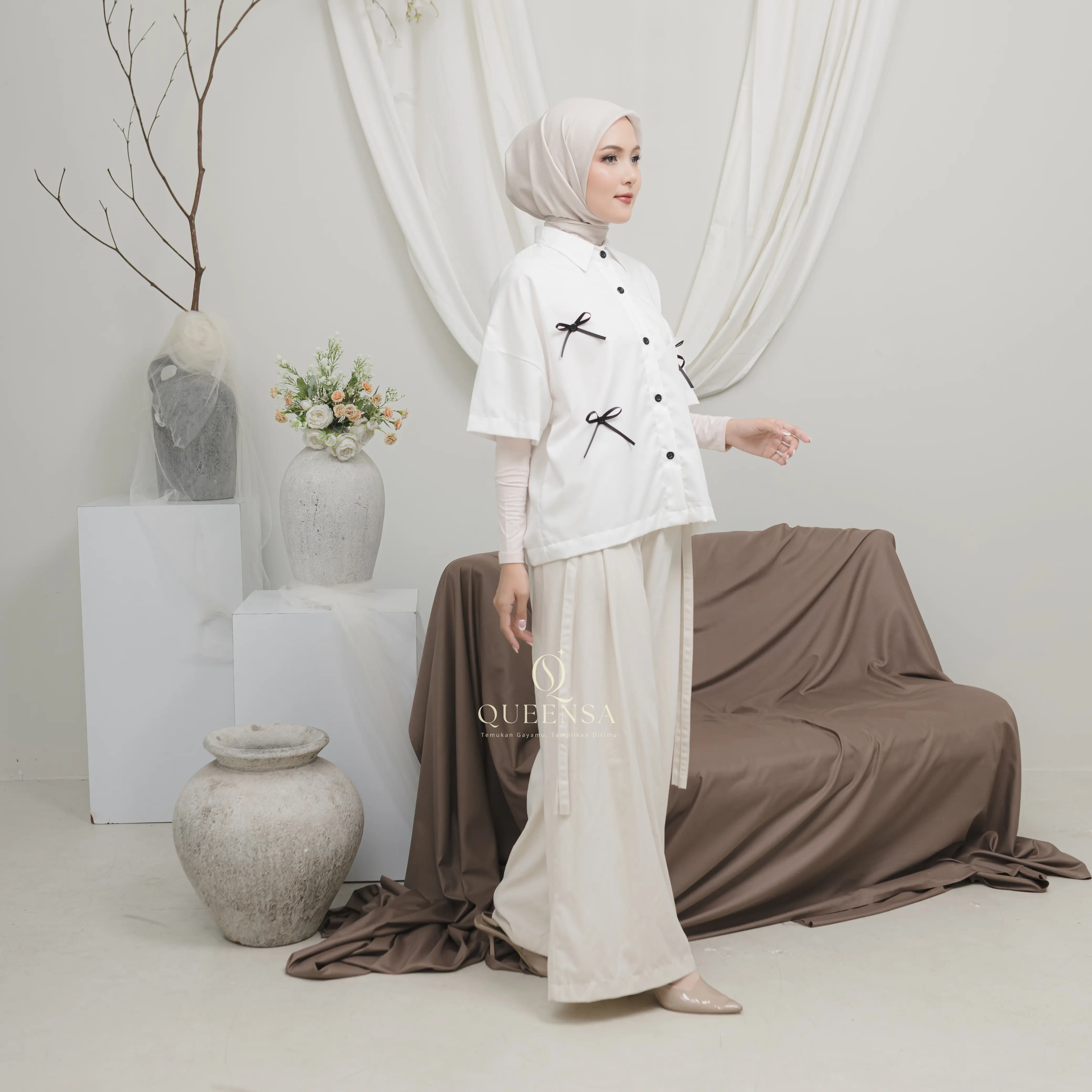 QUEENSA - Velora Top Oversize / Kemeja Wanita Oversize / Atasan Wanita / Semi Crop Pita Polos / Pastel Kemeja Korean Style Nyaman Kasual