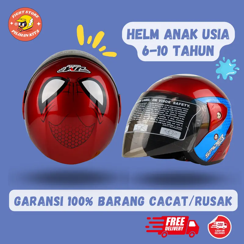Helm Anak Junior SNI Original JM Motif Spiderman Usia 3-7 Tahun - Motorcycle, Half Face, Smoke Visor 1