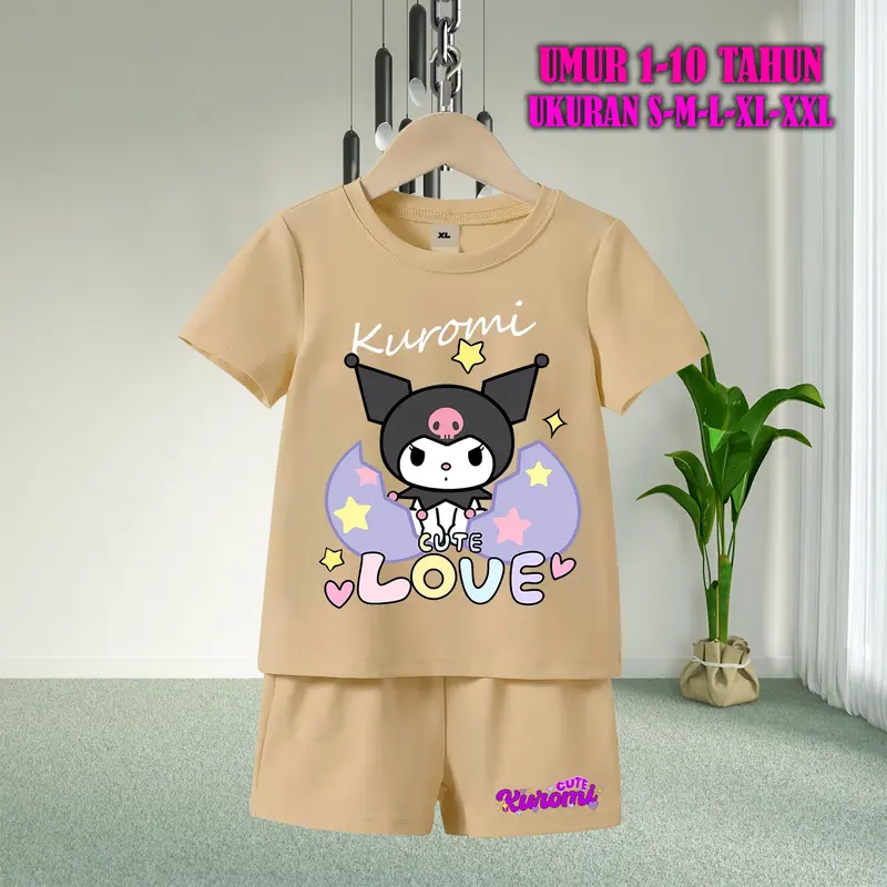 Setelan Baju Anak Tidur Gambar Kuromi Lengan Pendek dengan Sablon Berkualitas - Baju Anak Fashion Celana Pendek piyama  kuromi  anak baju  tidur  anak  perempuan 2