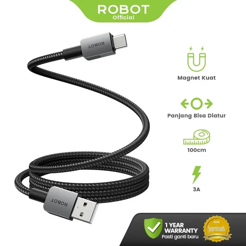 ROBOT Kabel Data Magnetik 1M Type C Micro USB Lighting Anti Kusut Data Cable RXM100/RXL100/RXC 100/RXCC100/RXCL100 Original- Garansi 1 Tahun- BISA COD 0
