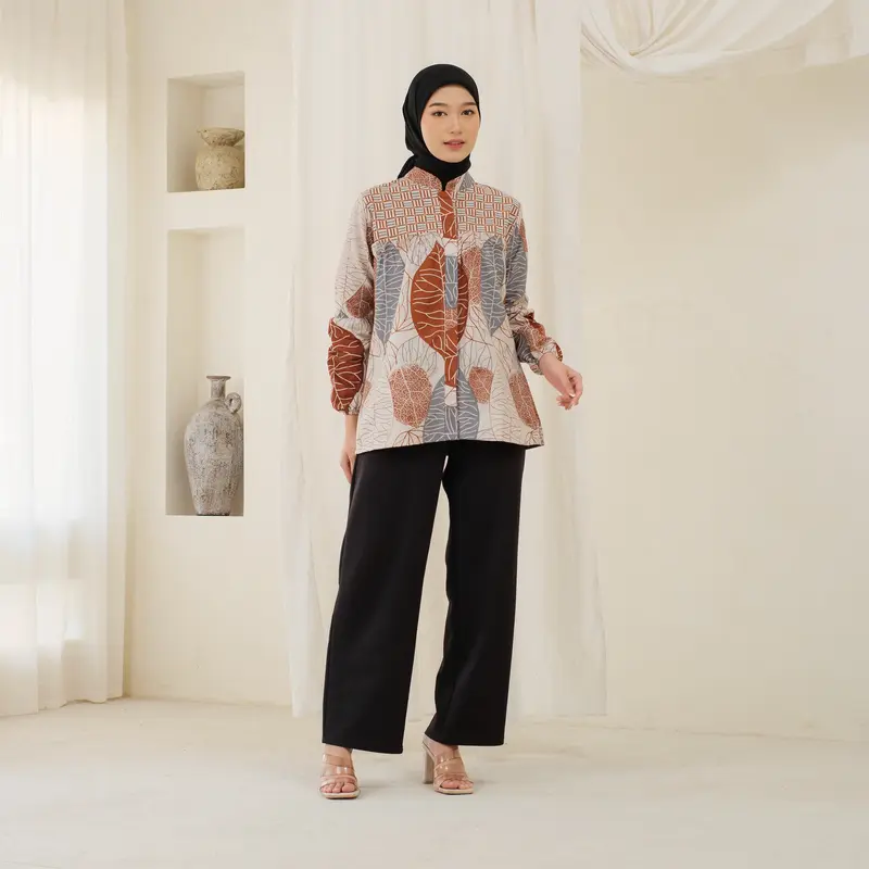 Atasan Blouse Batik Kerja Kuliah Motif Daun Katun Rempel Lengan Panjang Nyaman Baju Batik Wanita Terbaru Kekinian Cantik Formal Santai Pendek 1