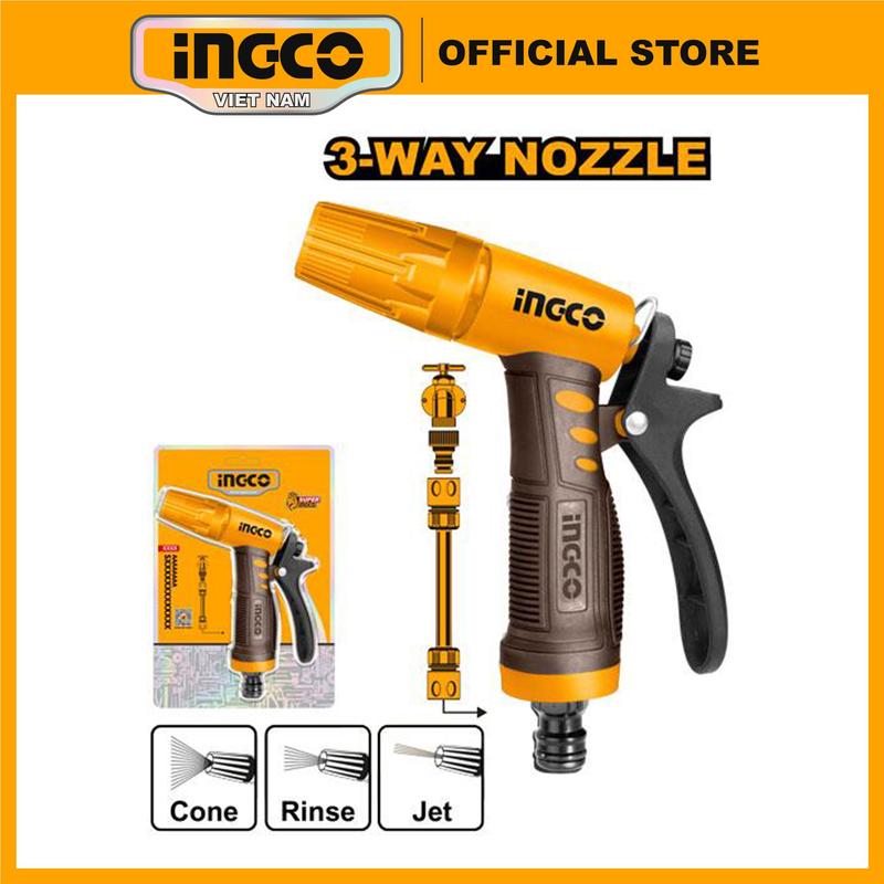Vòi phun xịt nước đa năng INGCO 3 kiểu phun HWSG032 9 kiểu phun HWSG092 và bộ 3 đầu nối dây ống nước mềm HHCS03122 đùng tưới cây rửa xe