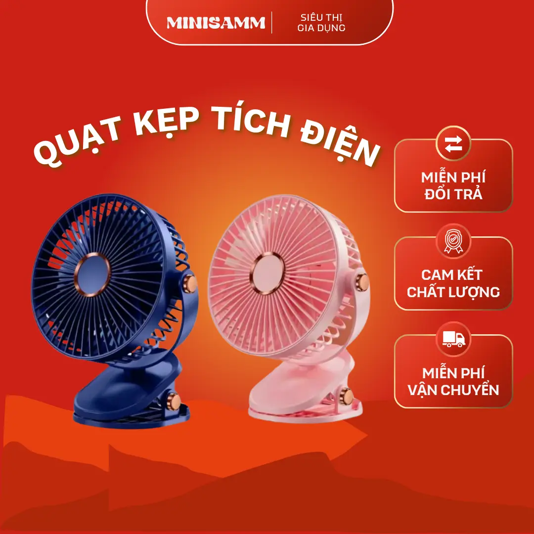 Quạt tích điện kẹp bàn đa năng F15 5000 mAh chạy 2-8 tiếng, đèn ngủ, sạc Type C - Màu Xanh - Màu Hồng Minisamm