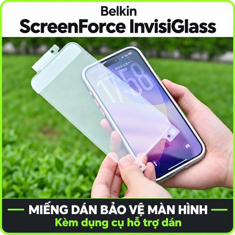 Kính cường lực iPhone Belkin ScreenForce InvisiGlass cho 17 Pro/Pro Max, 18 Pro/Pro Max, miếng dán bảo vệ màn hình kèm dụng cụ dán