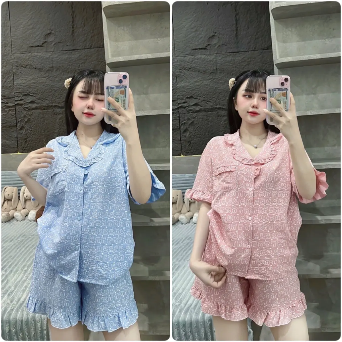 Bộ đồ pijama nữ cổ bẻ hoạ tiết thỏ chất thô đũi mềm xinh xắn (<60kg)