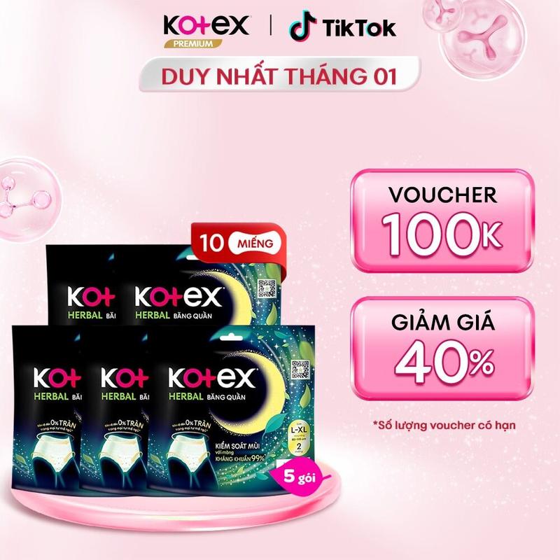 Combo 5 Băng vệ sinh quần Kotex Ban Đêm Thảo Dược Herbal L-XL 2 miếng