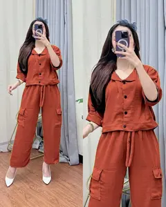 ONE SET GWEEN-CRG CRINKLE AIRFLOW - SETELAN SANTAI ATASAN CROPTOP BAWAHAN CELANA CARGO