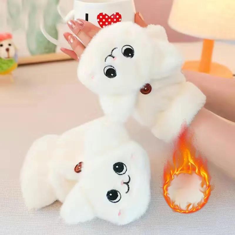 Găng Tay Lật Bằng Vải Nhung Lông Hình Thỏ Cho Nữ, Dễ Thương, Tai Dài, Mèo Dày, Ấm Áp Và Chống Lạnh, Nửa Ngón Tay, Cho Mùa Đông