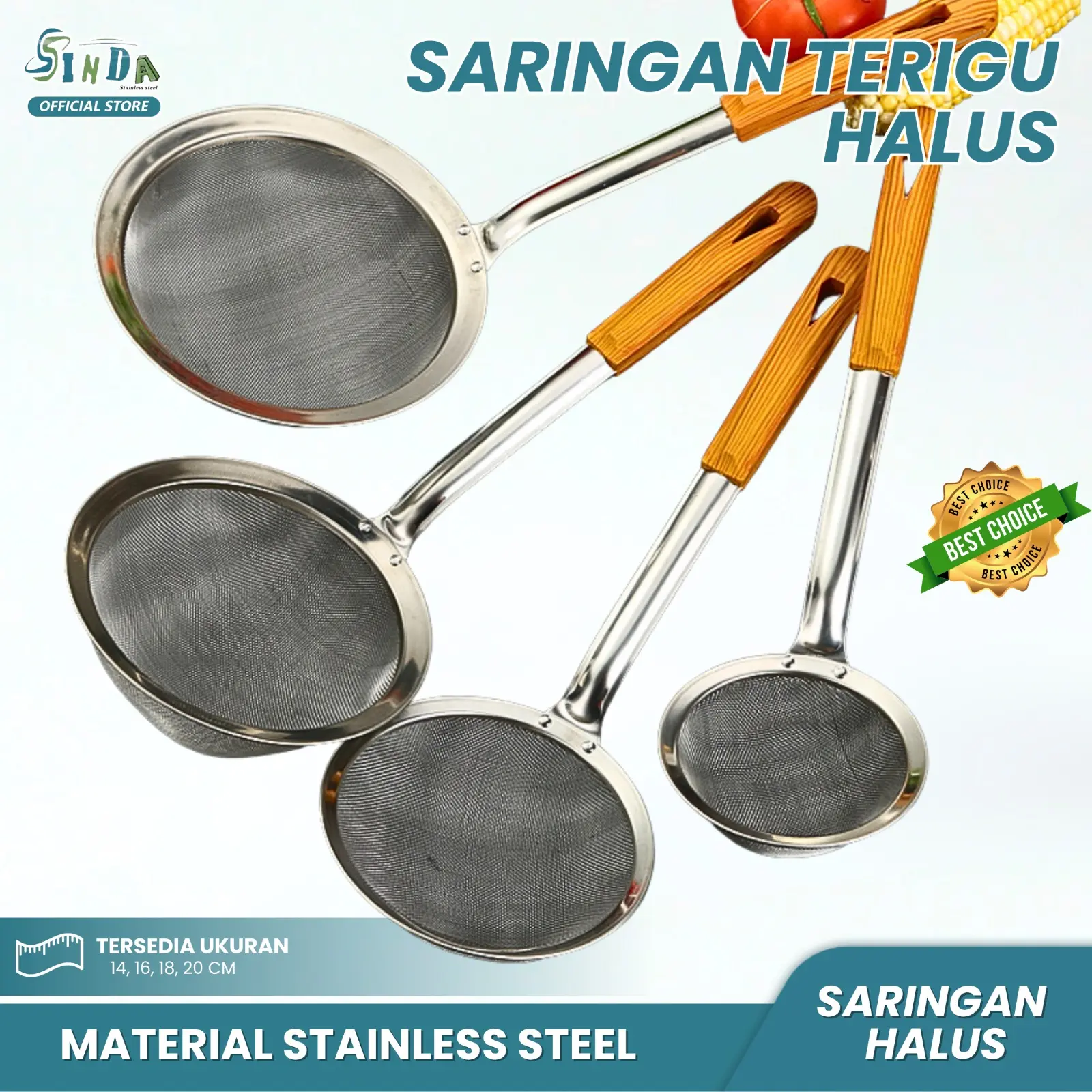 Sinda Saringan Stainless Steel Gagang Kayu – Serokan Halus Serbaguna untuk Kuah, Terigu, Kremes | Anti Karat & Tahan Lama