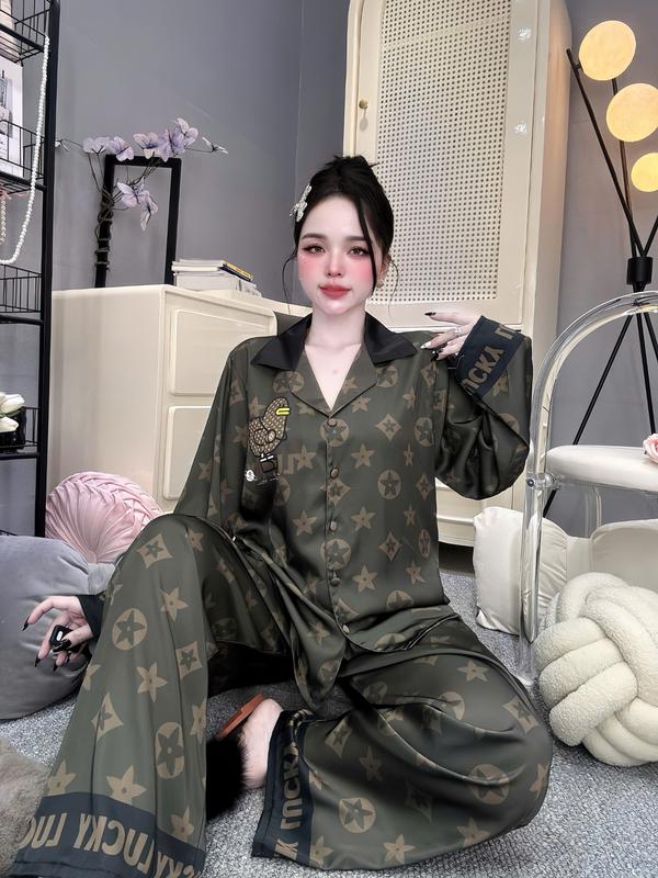  Đồ Bộ Pijama Nữ Lụa Latin Tơ Tằm Thoáng Mát Tay Ngắn Và Tay Dài Quần Dài Họa Tiết Hoa Văn Nâu Rêu  Size 45-60kg và 61-75kg  Có Bigsize Nhung Women 