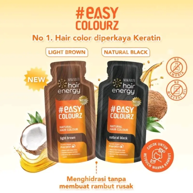 Makarizo Hair Energy Easy Colour 26 mL + Natural Black + Light Brown + Hair Color + Pewarna Rambut