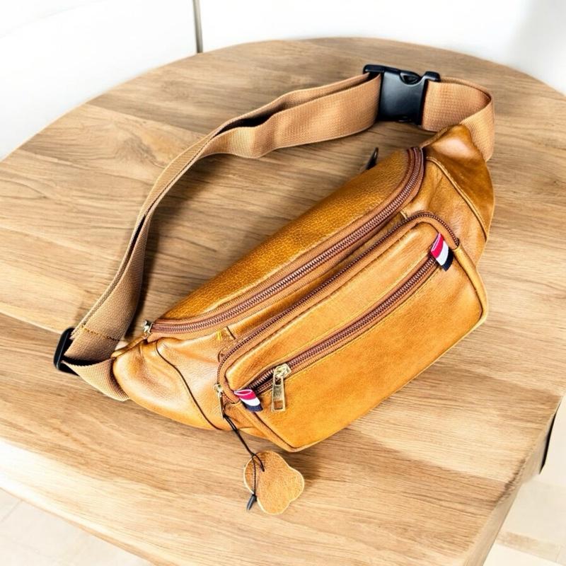 Túi đeo bụng da bò nguyên tấm, khoá kéo nhựa, kéo đồng dành cho nam Túi Bao Tử Bag Kem BN
