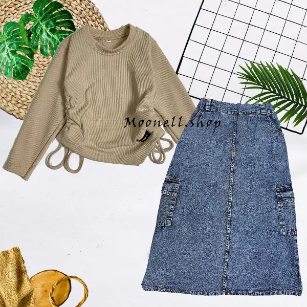SETELAN JEANS ANAK PEREMPUAN/ ROK CARGO JEANS PANJANG DAN KAOS CROPTOP SERUT MOTIF SABLON ANAK Usia 2-12 Tahun 1
