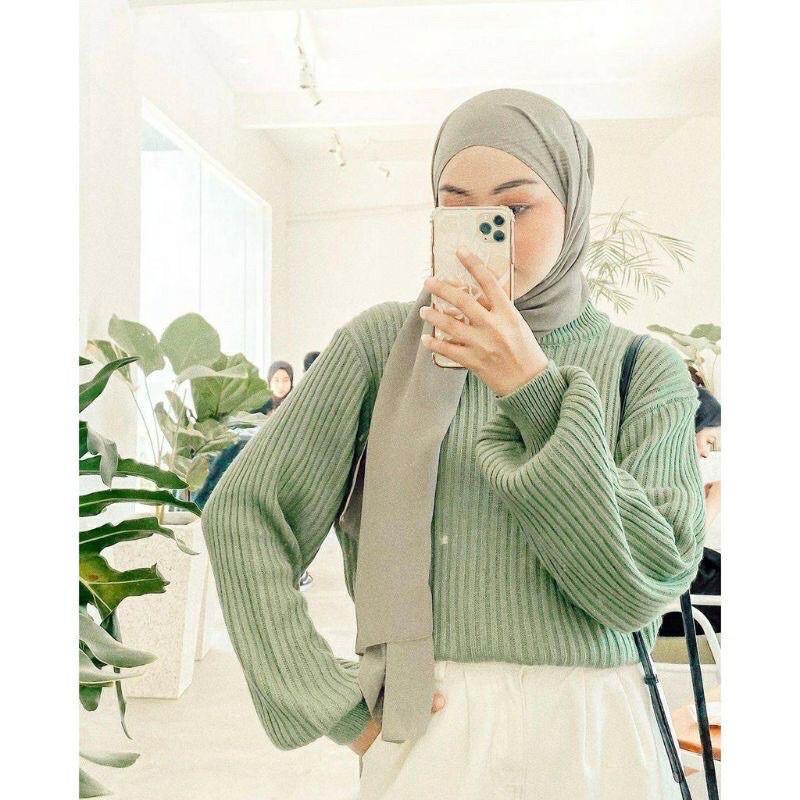 Bayoneta Sweater Rajut Balon Atasan Wanita  Kerah Turtle Salur Tangan Panjang Knitwear 6