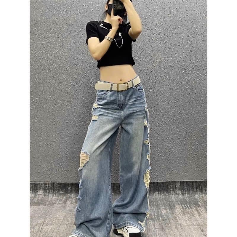  Quần jean nữ ống rộng lưng cao màu xanh RETRO rách bụi    Size S eo 62cm  size M eo 67cm  size L eo 70cm  