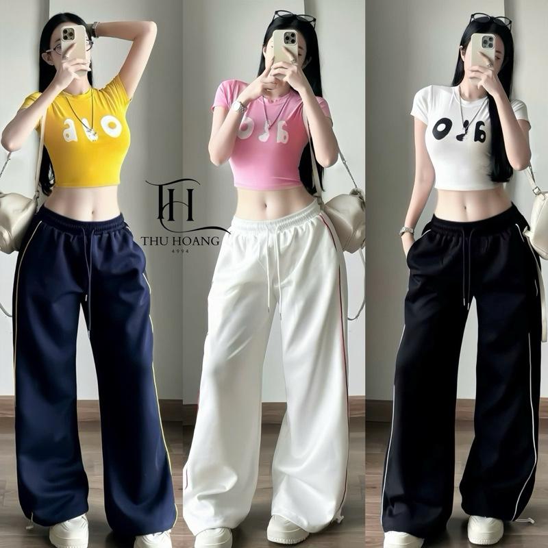 THUHOANG4994 Sét Bộ Áo Crop Tay Cộc AL Quần Xuông Cạp Chun Mì Dày Dặn Hách Dáng Màu Vàng Hồng Đen