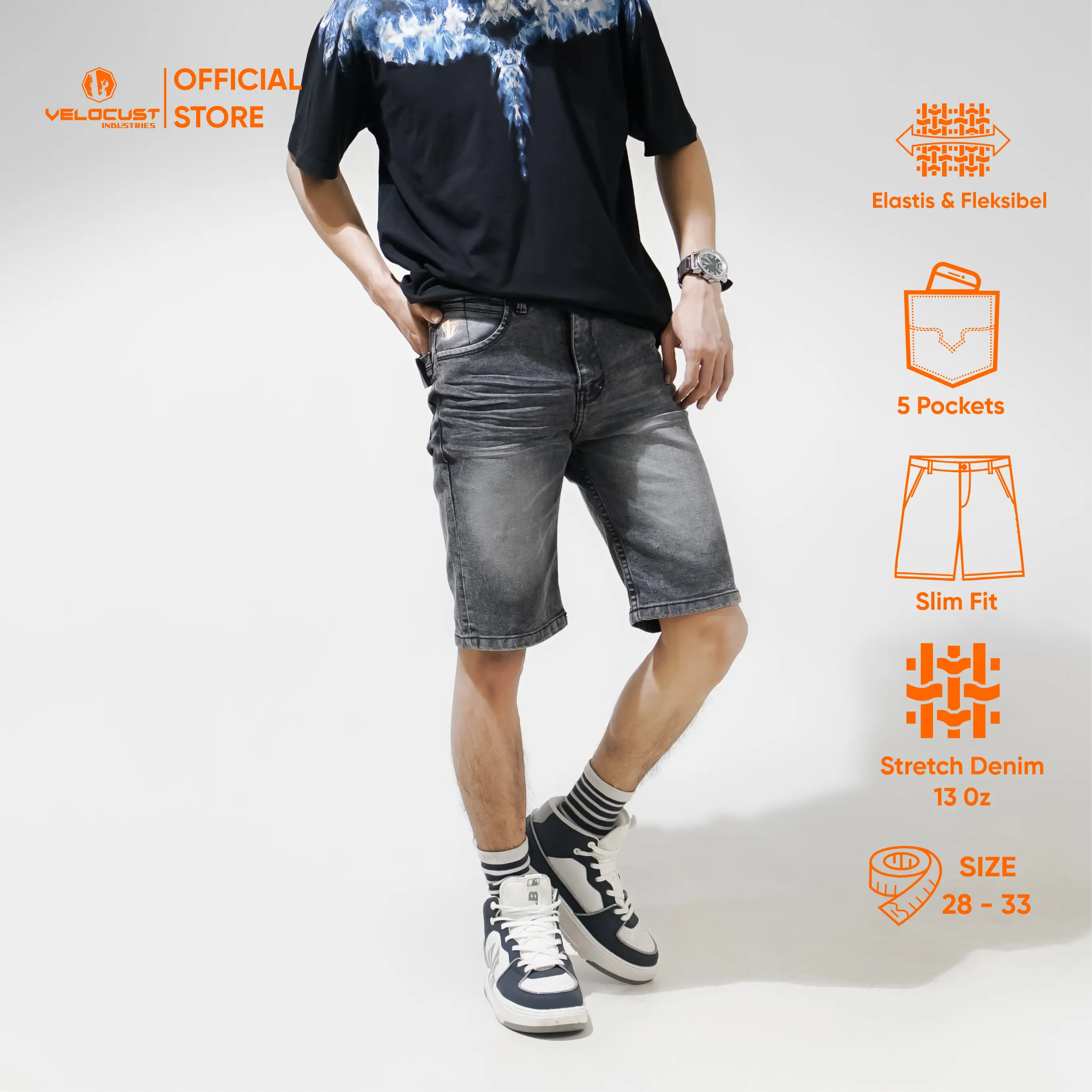 VELOCUST - Celana Pendek Jeans Basic Pria Slimfit Stretch Fleksibel Denim 13oz Black Dark Series Tebal Melar