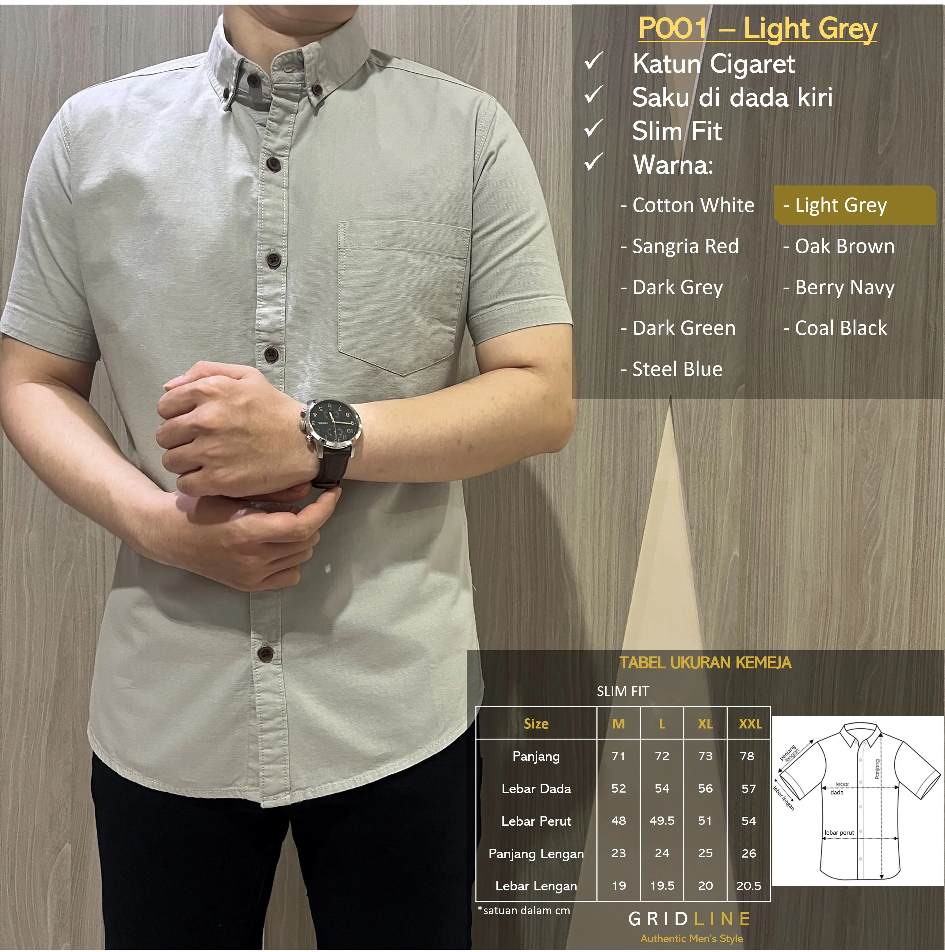 [GRIDLINE - P001 Colorful Cigaret Basic] Kemeja Pria Polos Slimfit Katun Premium Tebal Denim Baju Kantor Kerah Casual Twill Panjang