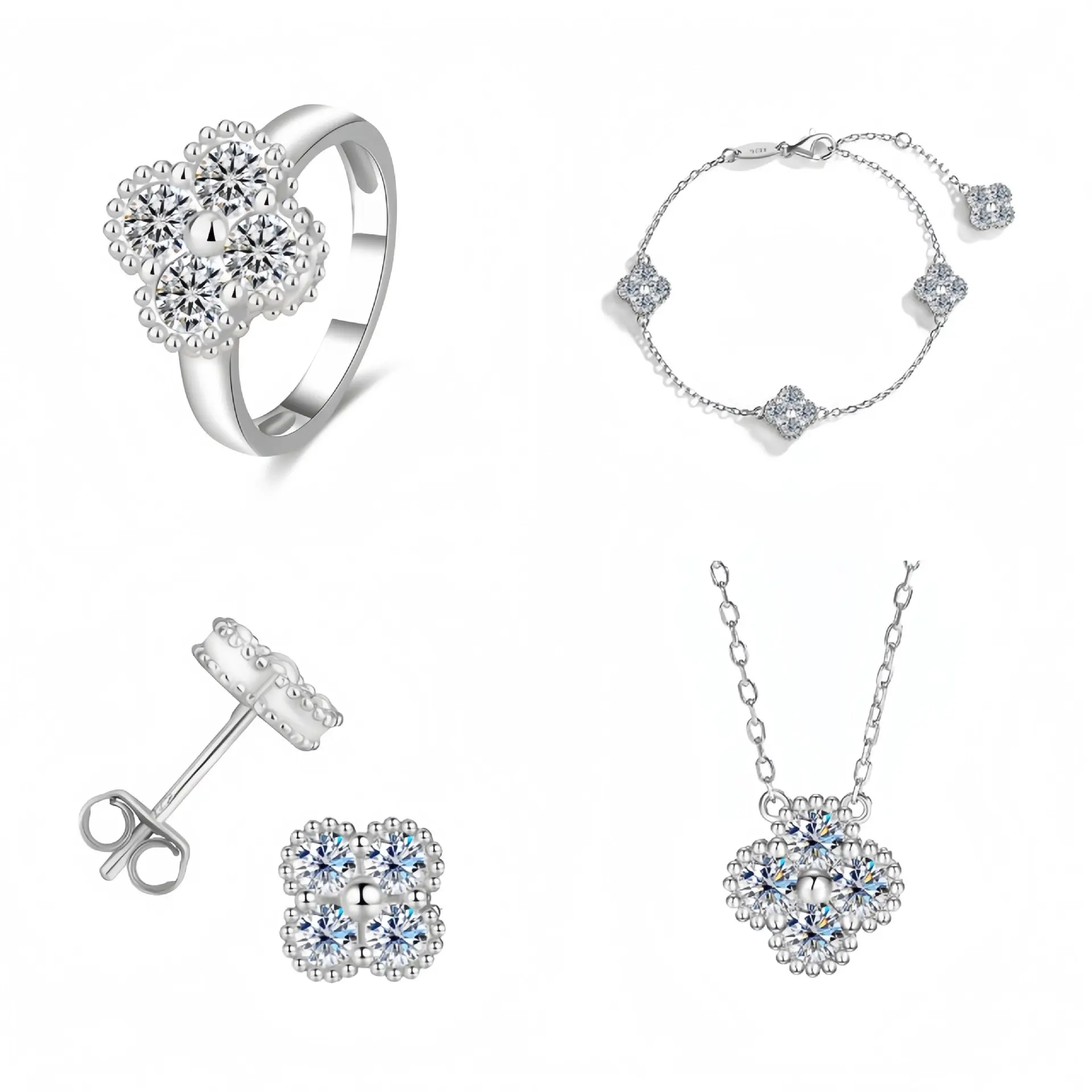 【lucky clover set】s925 Silver Moissanite D color four-leaf clover necklace bracelet earrings ring set