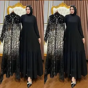 Gamis Wanita Muslim Jumbo Zallia Dress BL Size M L XL XXL XXXL LD 100-130 CM PB 138 CM Bahan Ceruty Babydoll Full Furing Mix Brukat Aplikasi Payet Resleting Belakang Baju Inner Outer Lepas Pasang Warna White Blue Black Mocca Sage Milo