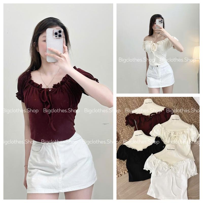 [Có Bigsize] Áo Thun Nữ Bèo Rúm BigClothes, Áo Kiểu Nữ Trễ Vai Nơ Cổ Ôm Dáng A22