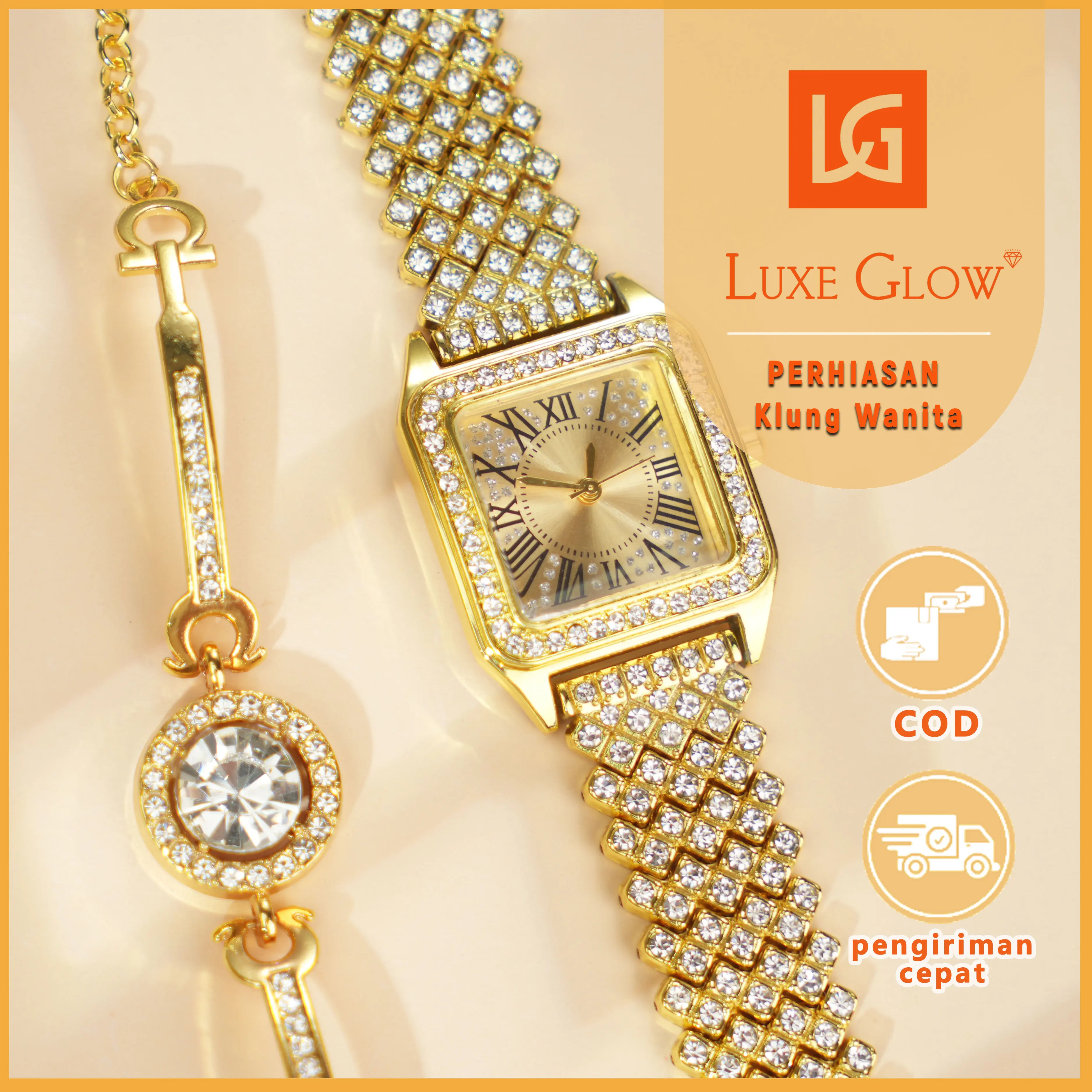 LuxeGlow COD Warna Emas Berkilauan Jam Tangan KoreaElegan Jam Tangan Wanita AnggunOriginal Tali RantaiWanita Set Gelang Jam Tangan Dua Bagian Unisex
