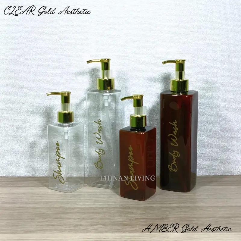 Botol Sabun Cair Aesthetic Kotak Transparan & Amber Glosy Gold dengan Pump Gold Luxury - Plastik 2