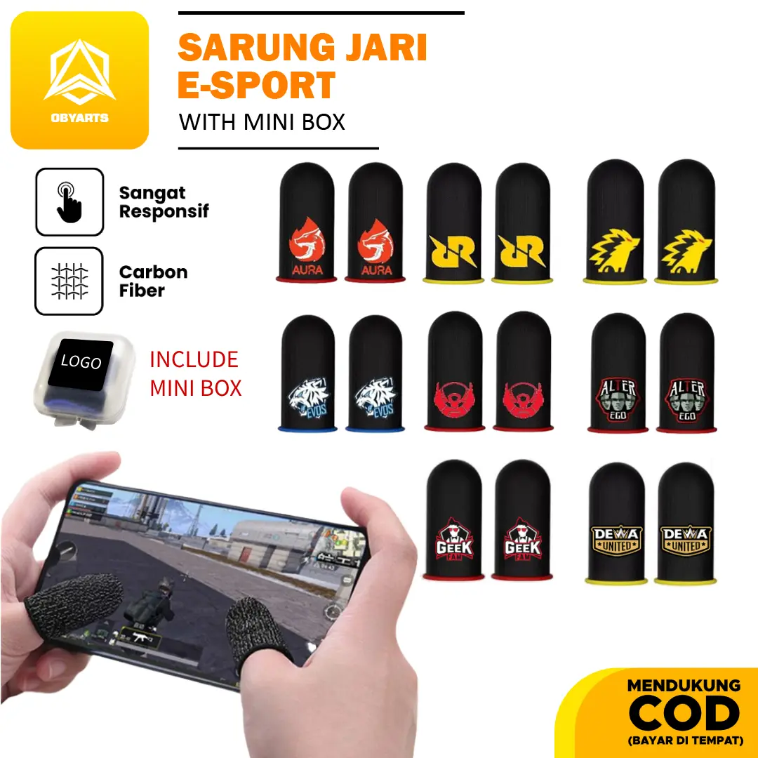 Sepasang Sarung Jari / Jempol Gaming with Mini Box dengan Logo E-Sport untuk Game ML PUBG FF COD Evos Aura Onic RRQ Alter Ego BTR