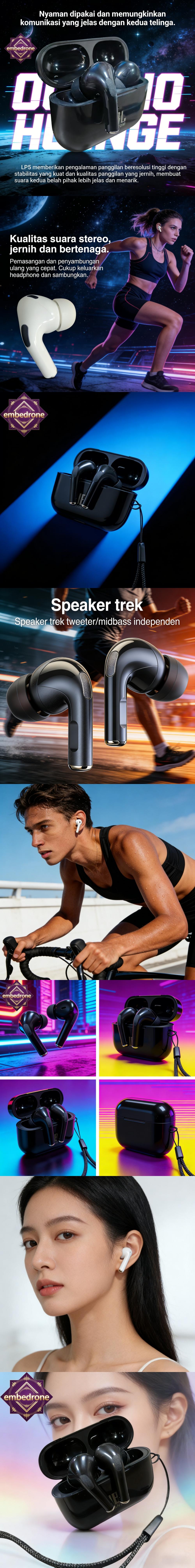 embedrone 2026 NEW PHANTOM TWS Bluetooth Earpods Awet Android, Baterai Tahan Lama, Desain Uji 1000+ Orang, Peredam Bising Cerdas, Stereo 3D