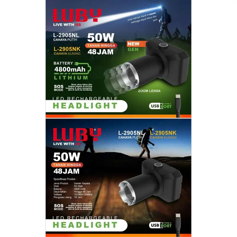 Senter Kepala ZOOM LUBY / HEADLAMP ZOOM LUBY L2905NL - Cahaya Putih 0