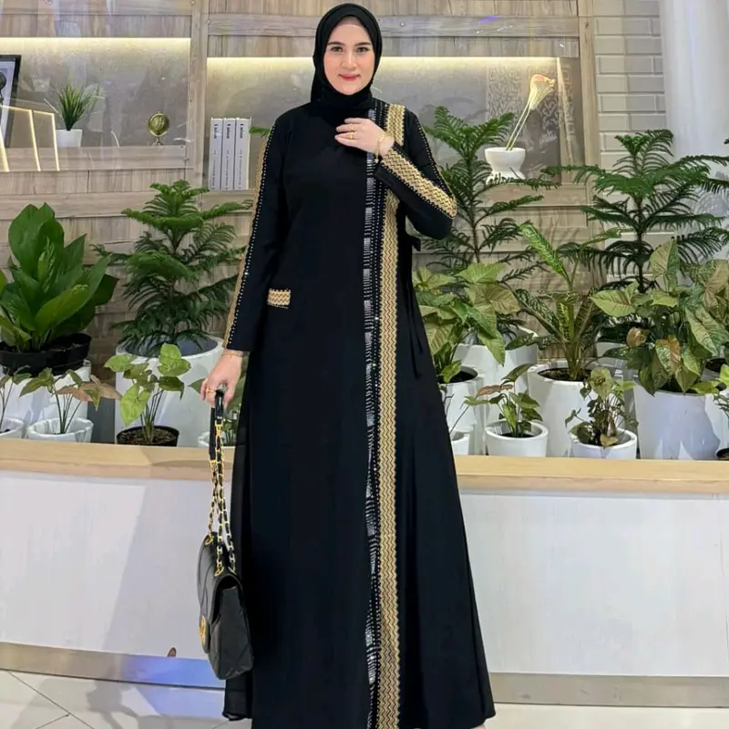 GAMIS ABAYA TURKEY CERRUTY KELILING BORDIR DEPAN BELAKANG SEAN GOLD DAN FULL HITAM 7