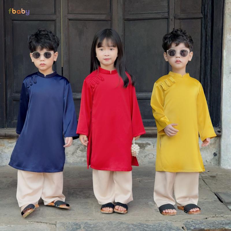  Bộ áo dài bé trai bé gái lụa tơ tằm thiết kế 3 khuy cao cấp mềm mại Fbaby bé mặc thoải mái dễ chịu 