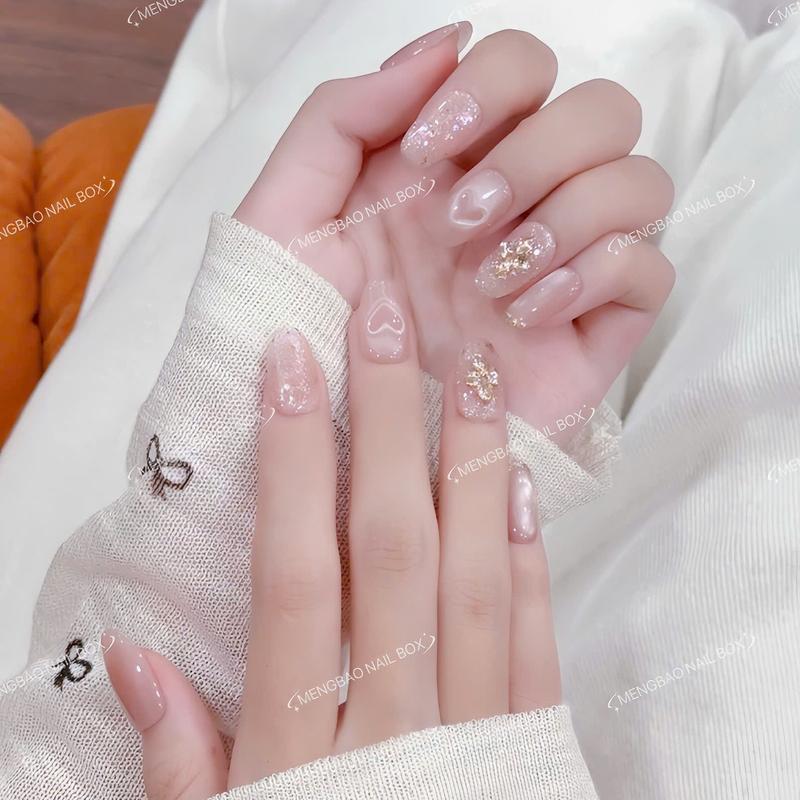   Mã B037-38  Nail Box Móng Tay Giả Màu Hồng Thạch Mắt Mèo Đính Đá Họa Tiết Trái Tim Bộ Móng Ngắn Hạt Đậu Móng Oval Ngắn Đơn Giản Trẻ Trung Lấp Lánh Xinh Xắn Dễ Thương 