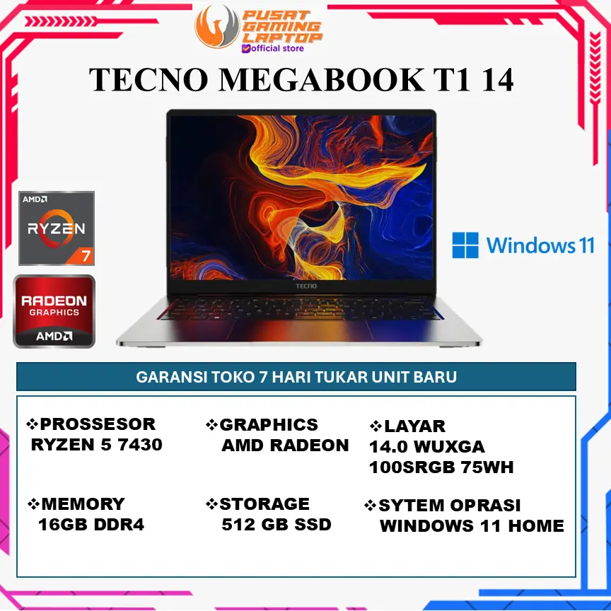 Laptop Tecno Megabook T1 14 AMD Ryzen 5-7430U Ram 16GB 512 SSD Win 11 14.0" WUXGA 100%sRGB