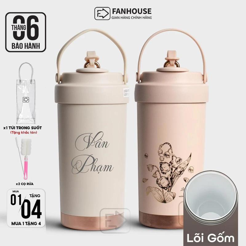 Ly giữ nhiệt Lily dung tích 500ml chất liệu inox 316 phủ Sứ 2 kiểu uống Fan House khắc tên theo yêu cầu