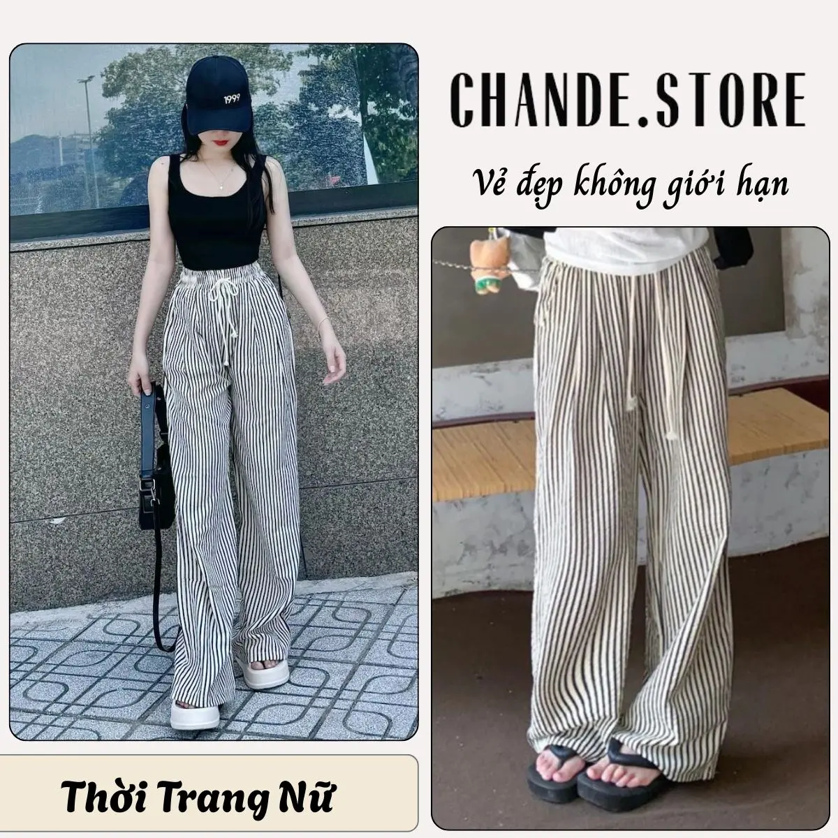 Quần nữ kẻ sọc ống rộng dáng suông chất vải thô nhăn cạp chun có dây rút co giãn thoải QX20 CHANDE STORE