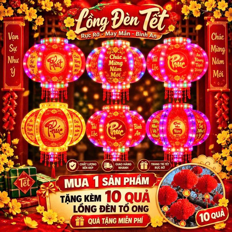 [Mua 1 Tặng 10] Đèn Lồng Điện Xoay 360 Độ Mẫu A7-Dát Vàng-Đồng Xu-Hoa Phú Quý Chữ Việt Chúc Mừng Năm Mới Tặng 10 Lồng Đèn Nilon nhỏ Treo Trang Trí têt 2027 Bền Đẹp