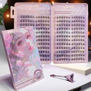 288本クラスター式自己粘着つけまつげ、グルー不要、簡単装着、8-12mm Cカールサンフラワーラッシュ、ナチュラルメイクアップ用
