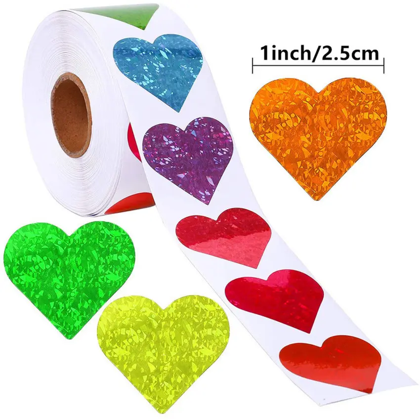 500pcs 1inch Red Love Shaped Stickers Roller 25mm Valentine's Day Stickers with Glittering Patterns Gift Decoration Labels