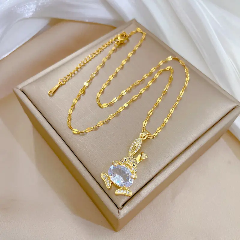 PJ K357 KALUNG TITANIUM WANITA LIONTIN RABBIT BERLIAN GOLD 1