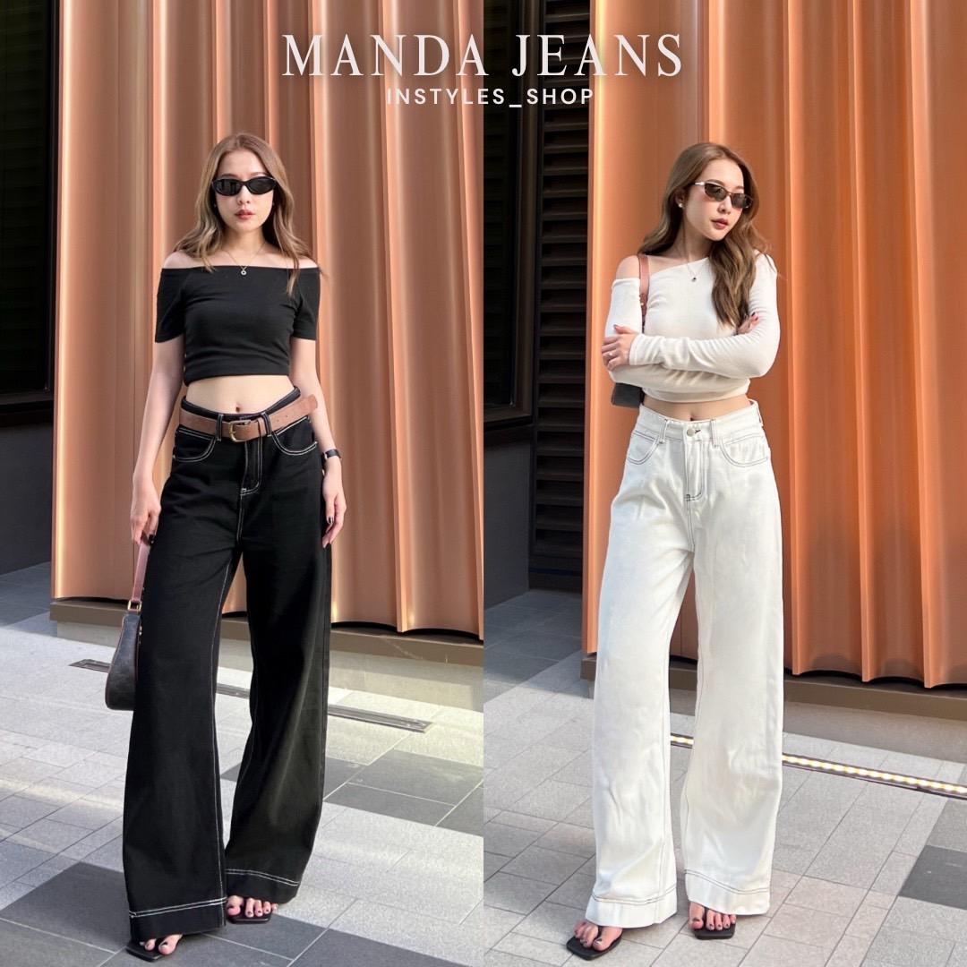 INSTYLES_SHOP - Manda Baggy Jeans กางเกงยีนส์ขากระบอกใหญ่เอวสูง ทรงBaggy สีดำ/ขาว ผ้ายีนส์แท้ไม่หนาไ