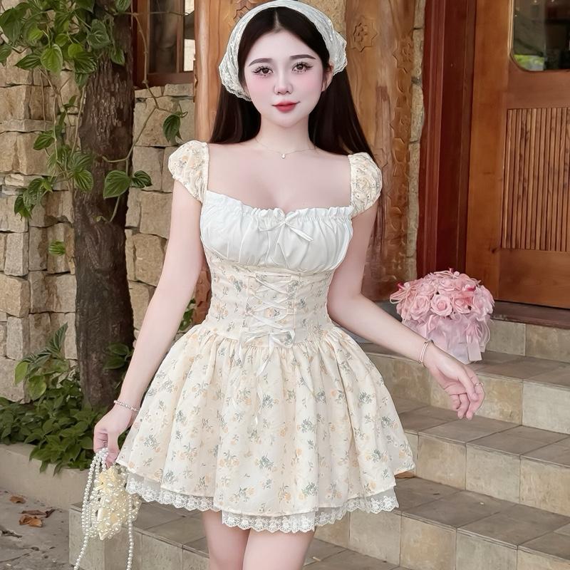 Pk112 Váy Thô Hoa Nhí Bèo Nơ Đan Eo Xoè (ảnh thật) tôn dáng nữ tính,38-54kg, sz S/M