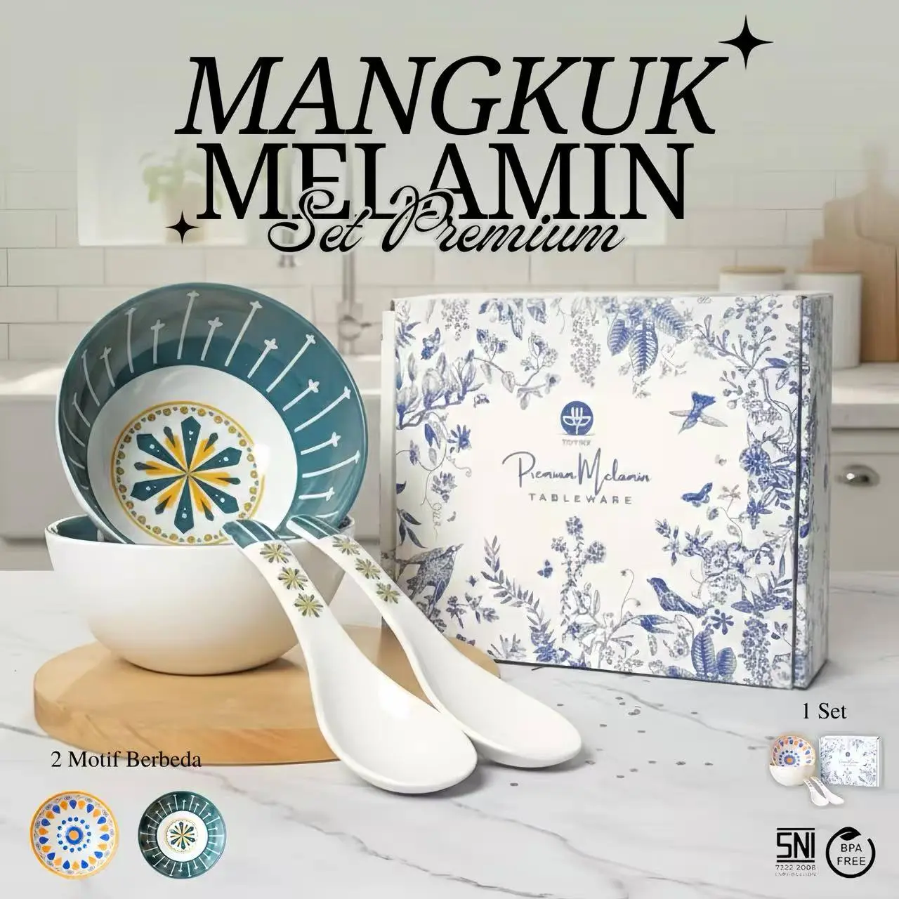 Set Mangkuk Melamin 12 cm 2 Mangkok +2 Sendok Food Grade Tahan Panas Anti Lengket BPA Free Gift Box Elegan Ringan Cocok Hadiah Harian Premium Quality