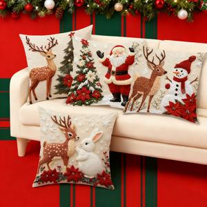 4 Cojines Decorativos de Navidad (Sin Insertos de Almohada), Decoraciones de Ambiente para Sofá con Reno y Conejo, Decoraciones Navideñas, Decoraciones para el Hogar, Decoraciones de Año Nuevo