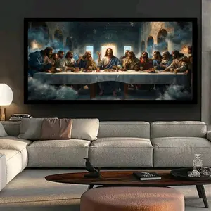 Hiasan Dinding Ruangan Uk50x100cm Cetak Gambar Perjamuan Kudus Set Bingkai Elegan untuk Dekorasi Rumah Modern