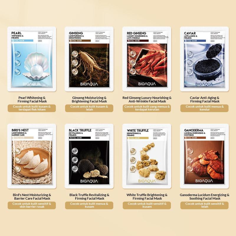 Product Introduction of 【masker 10pcs set】BIOAQUA Masker Varian Biji Buah/ Cereal Series Facial Mask/Nourishing Series Sheet Masks Pearl / Ginseng / Caviar / Bird's Nest / Black Truffle / Ganoderma Facial Mask 28ml/pcs 2
