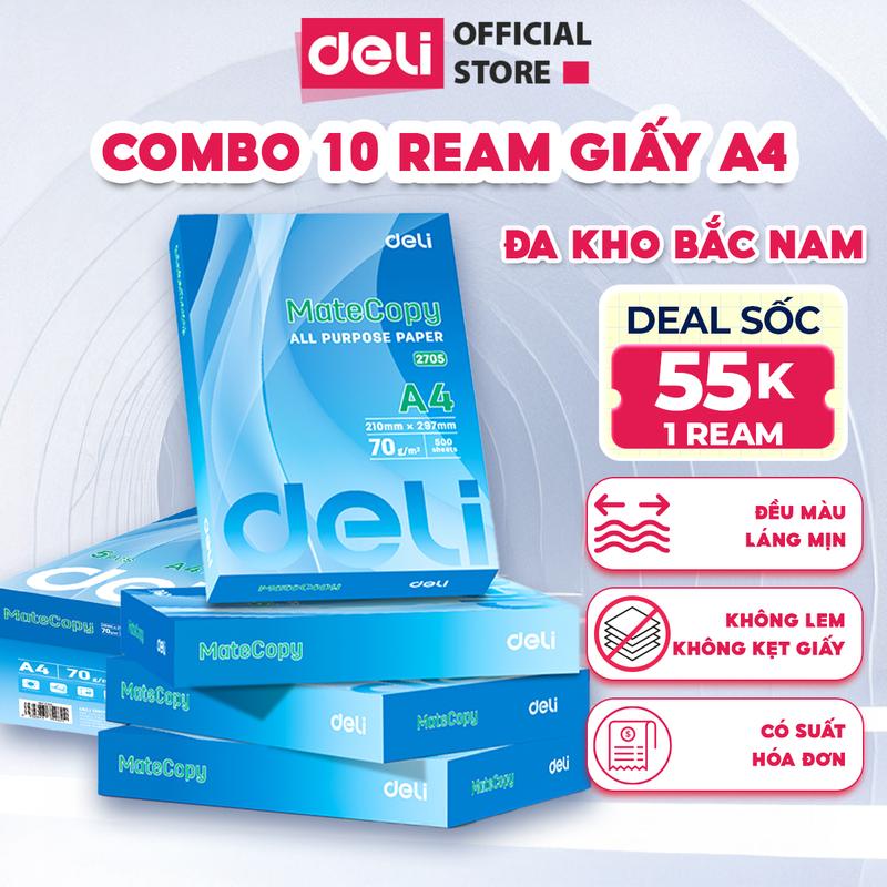 VOUCHER 200K Thùng 10 ream giấy A4 Deli - 500 tờ ream giấy in giấy photo cao cấp chính hãng - Độ dày giấy tiêu chuẩn tránh kẹt trong máy in - In được 2 mặt vẽ viết,...