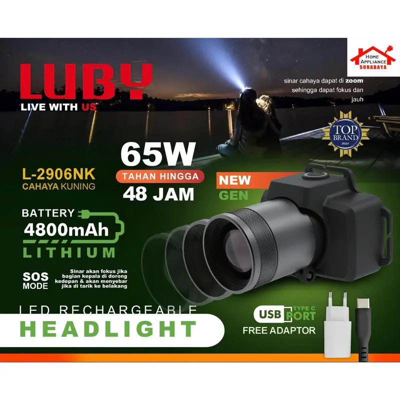 LUBY Headlamp Senter Kepala LED ZOOM 65W - 65 Watt 4800mAh L-2906NL / L-2906NK Cahaya Putih - Kuning L 2906 NL / NK Tahan 48 Jam - LED Rechargeable Headlight 0