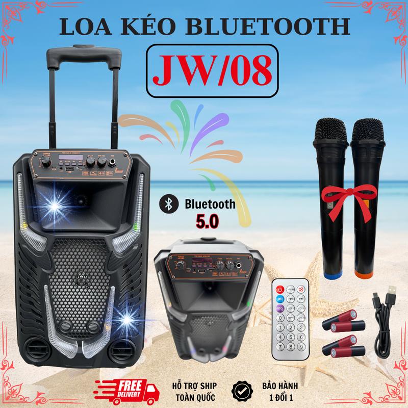 Xưởng sản xuất Loa JW-08 80W. Hát Karaoke di động Bluetooth Bass 20cm, Tặng kèm 2 Micro không dây, 1 điều khiển từ xa, dây sạc Type C