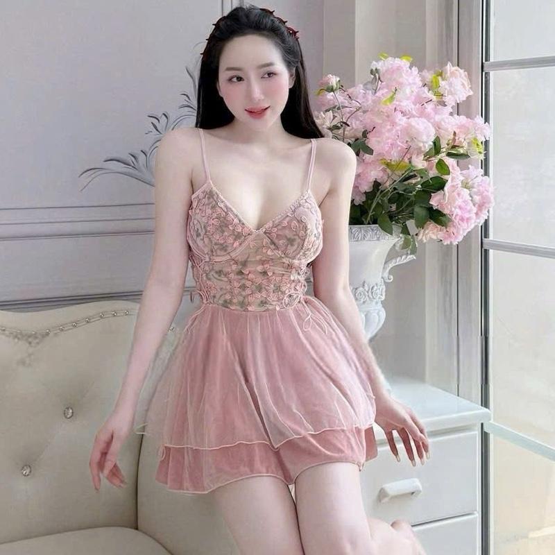  V581 - Váy ngủ nhung phối ren khoét eo có sẵn đệm mút from tôn dáng hàng chuẩn QC cao cấp 